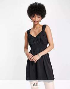 Черное атласное мини-платье с присборенными плечами Lola May Tall
