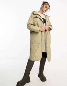 Стеганое удлиненное пальто с капюшоном Pull&amp;Bear цвета экрю