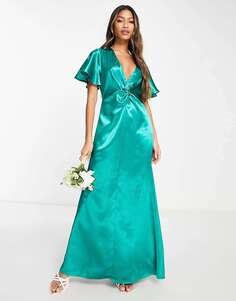 Атласное платье макси с развевающимися рукавами Vila Bridesmaid изумрудно-зеленого цвета