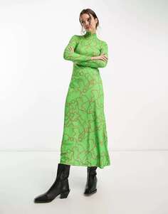 Зеленое платье миди с длинными рукавами и цепочкой Mango