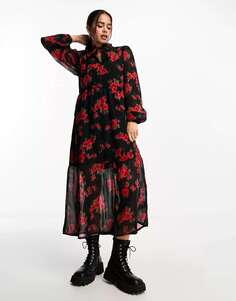 Черно-красное свободное платье миди с размытым розовым принтом Wednesday&apos;s Girl
