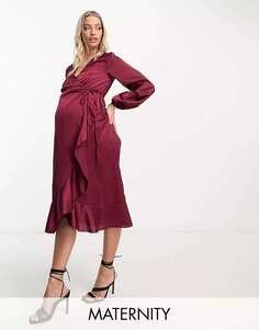 Бордовое атласное платье миди с запахом New Look для беременных New Look