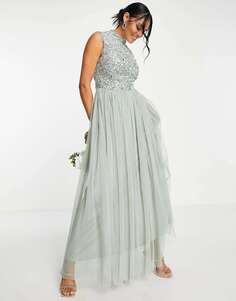 Beauut Bridesmaid 2 в 1, украшенное платье макси с пышной тюлевой юбкой шалфейного цвета