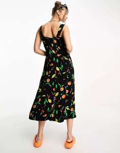 Черное мульти-платье миди с фруктовым принтом и оборками Whistles