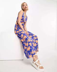 Атласное платье миди с v-образным вырезом Urban Threads с теневым цветочным принтом