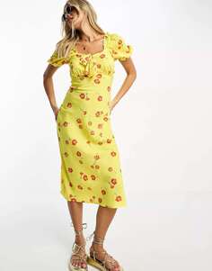 Платье миди с завязками спереди Influence желтого цвета с цветочным принтом