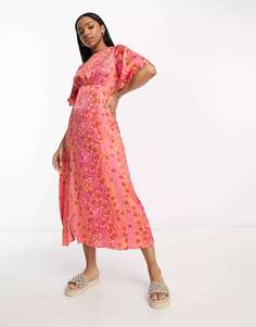 Атласное чайное платье миди Influence с оранжевым цветочным принтом