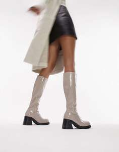 Белые ботинки до колена Topshop на высоком каблуке-блоке с широким кроем Topshop