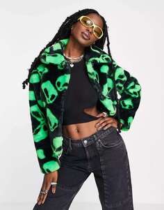 Черно-зеленая короткая куртка из искусственного меха с принтом Rave Girlfriend Material