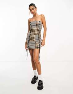 Коричневое мини-платье в клетку в стиле бандо в стиле пэчворк Annorlunda