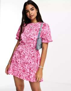 Розовое мини-платье с пышными рукавами и завязкой на талии Influence