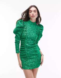 Зеленое мини-платье с жаккардовыми рукавами Topshop