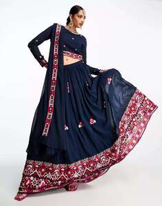 Темно-синяя пышная юбка макси с вышивкой Nesavaali lahenga