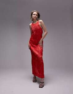 Красное фактурное платье миди с открытой спиной и кисточками Topshop