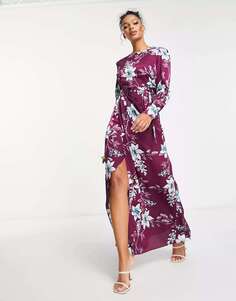 Скромное платье макси из ликерного атласа с винным цветочным принтом Liquorish