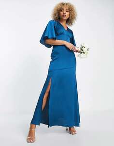 Тирюзово-синее атласное платье макси Liquorish Bridesmaids с развевающимися рукавами и разрезом