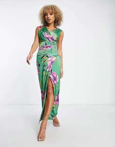 Платье макси из ликерного атласа с запахом спереди, масштабный зеленый с фиолетовым цветочным принтом Liquorish