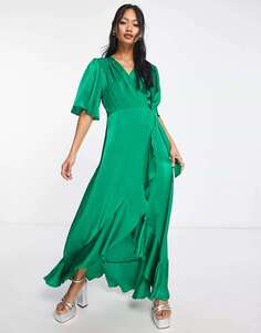 Атласное платье макси с развевающимися рукавами и запахом спереди с воланами London ярко-зеленого цвета Flounce London