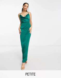 Изумрудно-зеленое атласное платье макси для выпускного с воротником-хомутом NaaNaa