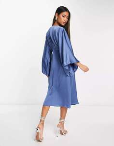 Темно-синее атласное платье миди с рукавами-кимоно и запахом TFNC Bridesmaid