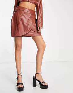Шоколадная кожаная мини-юбка с запахом Rebellious Fashion