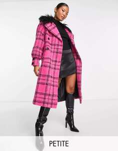 Розовое длинное пальто в монгольскую клетку с воротником из искусственного меха Miss Selfridge Petite