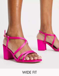 Ярко-розовые босоножки на среднем каблуке с широкими ремешками New Look