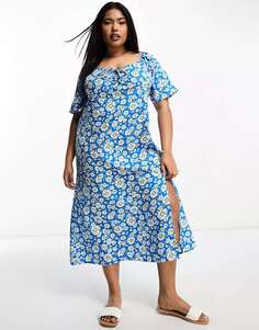 Платье миди с завязками спереди Influence с цветочным принтом и синими ромашками