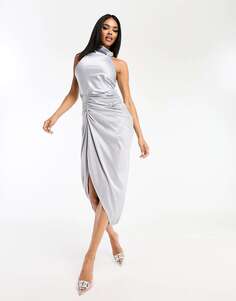 Серово-серое атласное платье миди с высоким воротником и драпировкой Jaded Rose