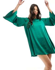 Мини-платье изумрудно-зеленого цвета с объемными рукавами и воланами London Flounce London