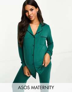 Зеленая пижама из вискозной рубашки с длинными рукавами и брюками с контрастной окантовкой ASOS DESIGN Maternity