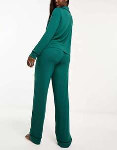 Зеленый пижамный комплект из вискозной рубашки с длинными рукавами и брюками с контрастной окантовкой ASOS