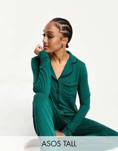 Зеленый пижамный комплект из вискозной рубашки с длинными рукавами и брюками ASOS DESIGN Tall с контрастной окантовкой