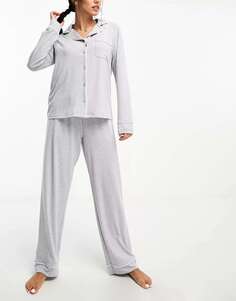 Пижамный комплект из рубашки с длинными рукавами и брюк из мягкого джерси с контрастной окантовкой серого меланжа ASOS
