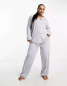 Пижамный комплект из мягкой трикотажной рубашки с длинными рукавами и брюками ASOS DESIGN Curve с контрастной окантовкой серого цвета