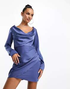 Синее атласное мини-платье с воротником-хомутом Parallel Lines