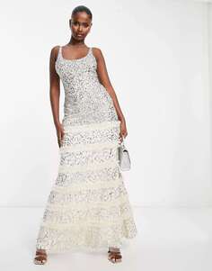 Эксклюзивное платье макси цвета шампанского с кружевом и бисером Lace &amp; Beads