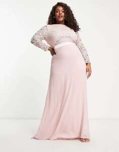 Шифоновое платье макси TFNC с кружевной фестончатой ​​спинкой и длинными рукавами розовато-лилового цвета - РОЗОВЫЙ