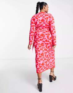 Розово-красное трикотажное платье миди с леопардовым принтом и запахом Never Fully Dressed Plus