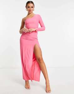 Розовое платье макси на одно плечо с разрезом до бедра и открытой молнией Vesper