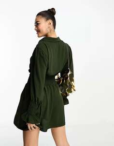 Оливково-зеленое платье-рубашка мини с присборенной талией AX Paris