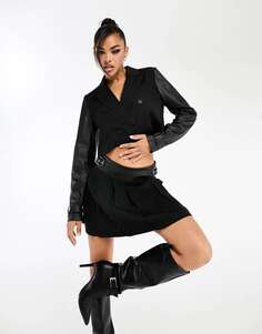 Черный однотонный пиджак с контрастными кожаными рукавами Missyempire