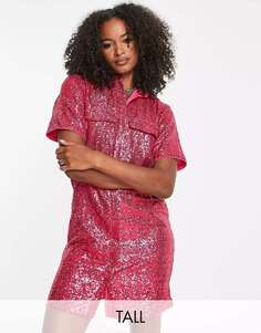 Платье-рубашка мини Extro &amp; Vert ярко-розового цвета с пайетками