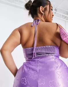 Пурпурное платье миди из жаккардового атласа с воротником-халтер и цветочным принтом COLLUSION PLUS
