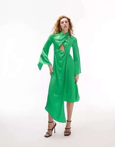 Зеленое платье миди с бретельками и рифлеными рукавами Topshop