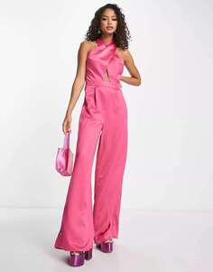 Розовый комбинезон с вырезом через шею и широкими штанинами In The Style