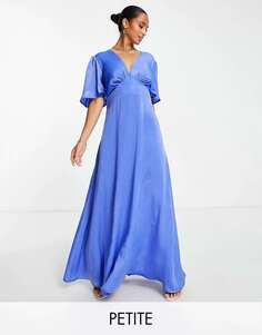 Синее атласное платье макси с глубоким вырезом и рукавами и воланами London Petite Flounce London