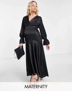 Черное атласное платье миди с длинными рукавами и воланами London Maternity Flounce London