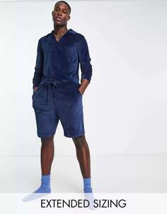 Пижамный комплект ASOS из темно-синего велюра в рубчик с топом-поло с длинными рукавами и шортами