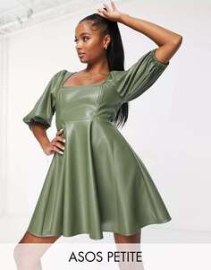 Оливковое платье мини с плиссированной юбкой в ​​стиле бэби-долл ASOS DESIGN Petite